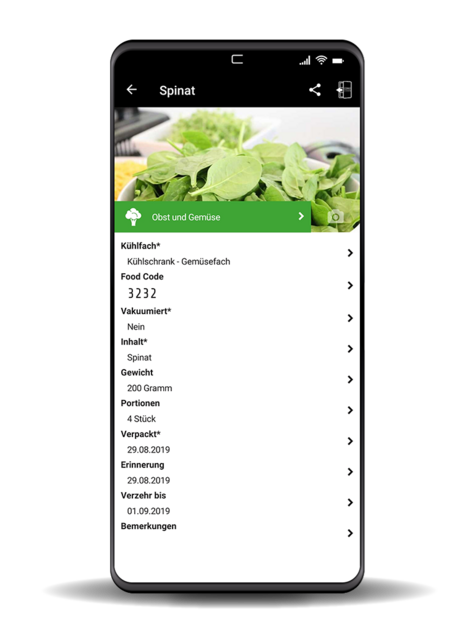 Spinat-App: Details zu Kühlfach, Inhalt, Gewicht, Portionen und mehr.
