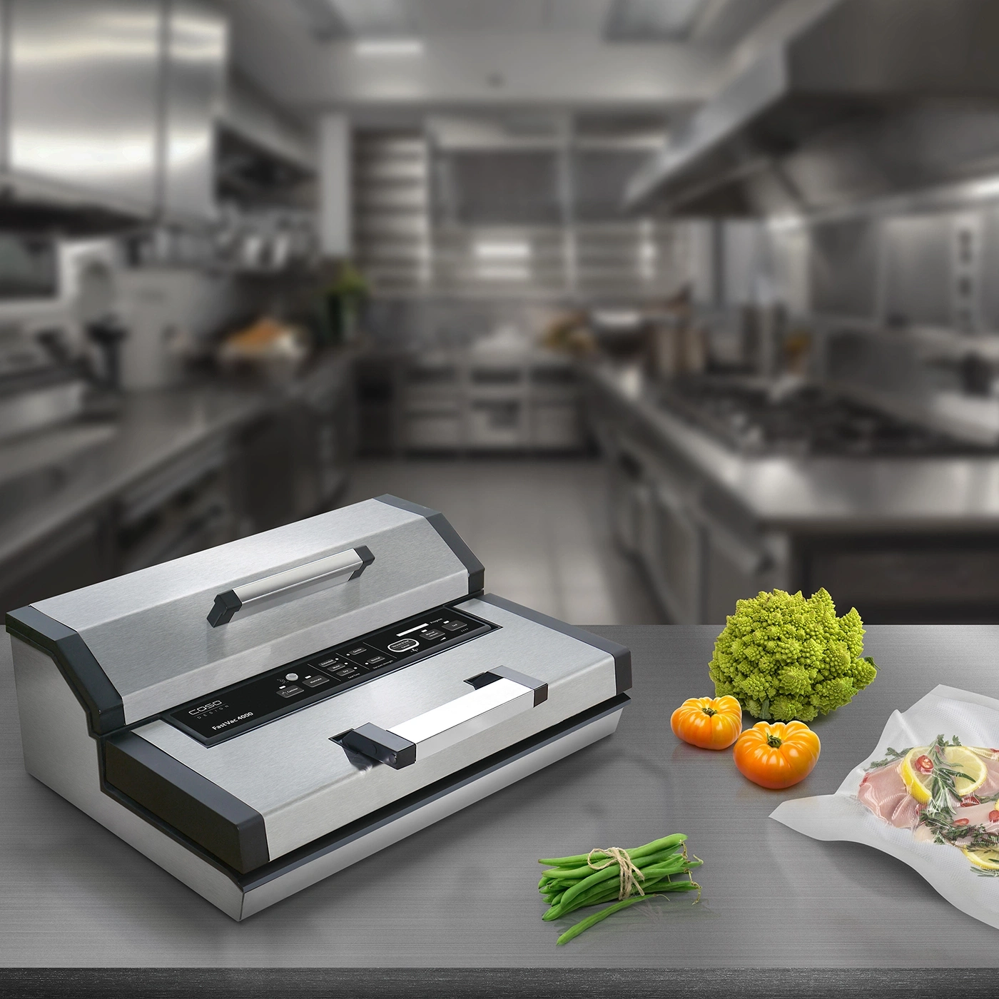 Vacuum sealer with vegetables and meat in a kitchen setting.