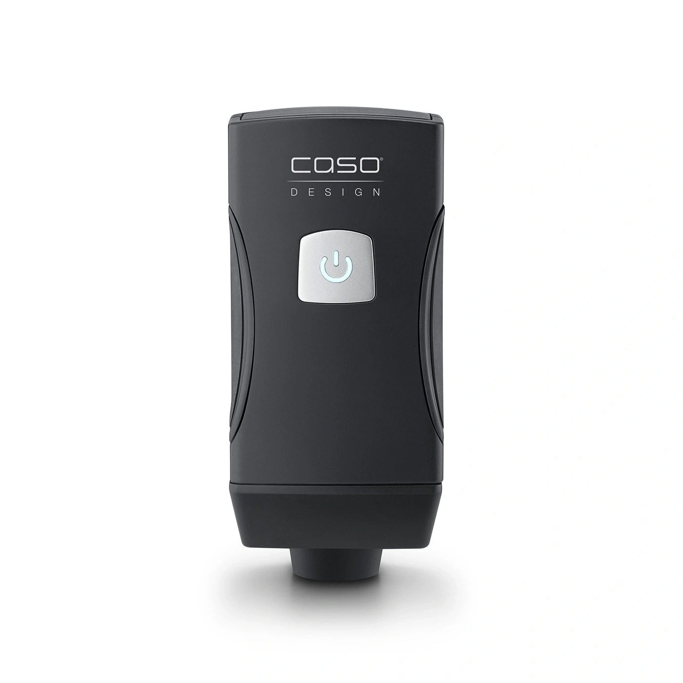 Black electronic device with logo and power button on a white background.