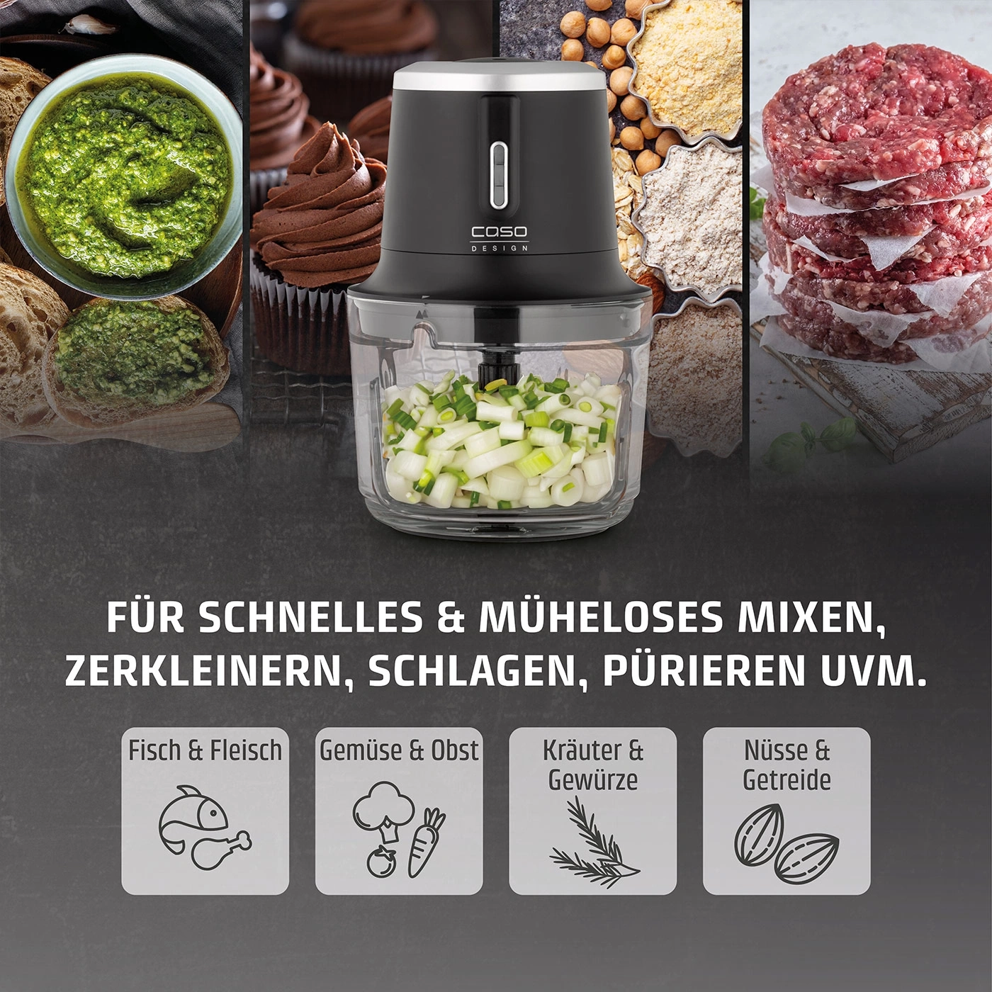 Ein Küchengerät zerkleinert Zwiebeln, daneben sind Fisch, Gemüse, Kräuter und Nüsse abgebildet.
