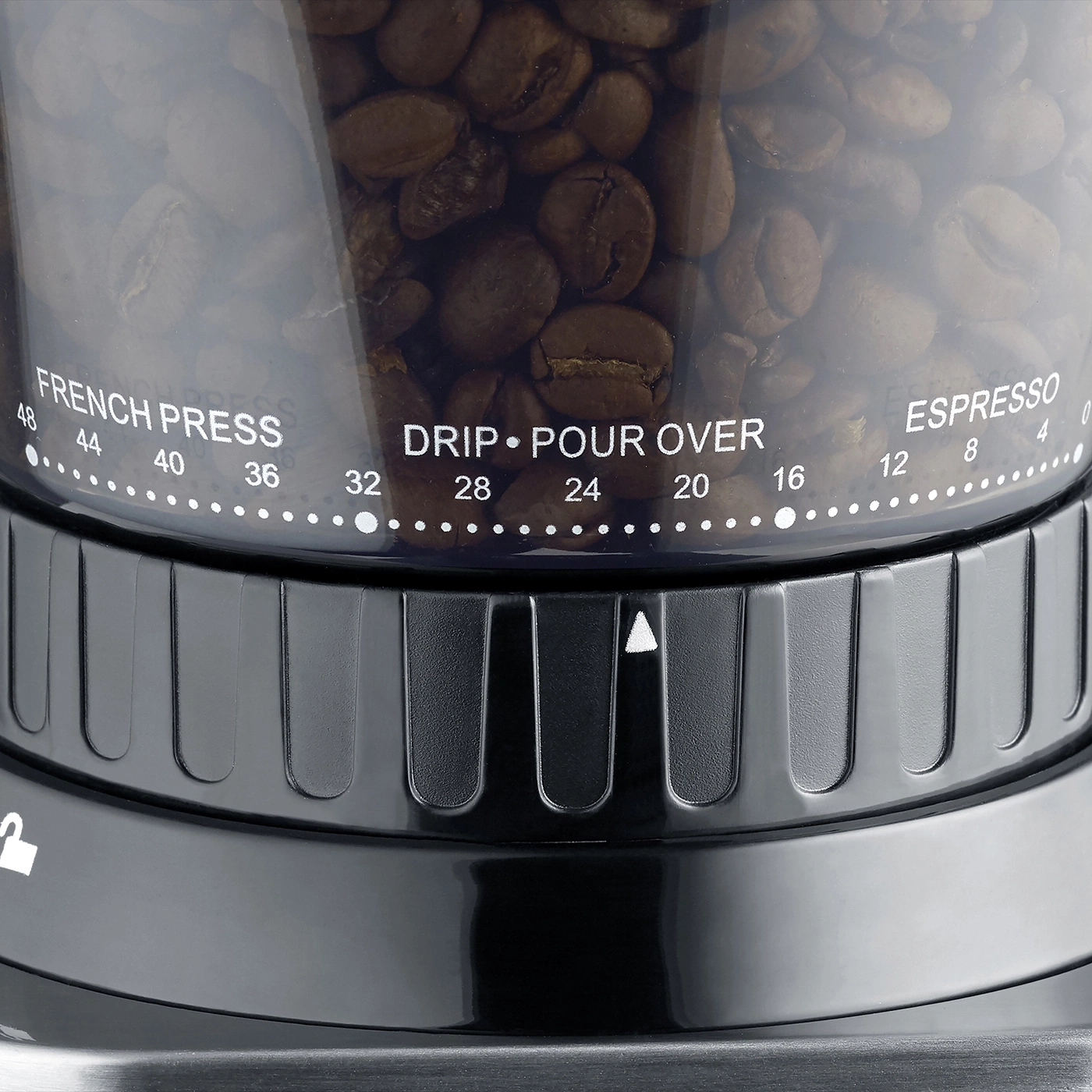 Kaffeemühle mit Einstellungen für Espresso, French Press und Pour Over.