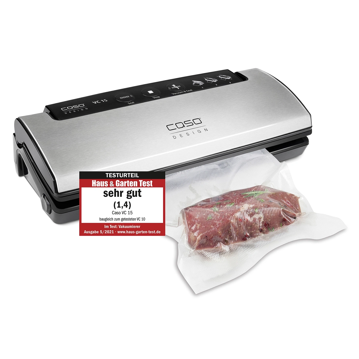 Caso VC 15 vacuum sealer with meat in vacuum bag, test result very good