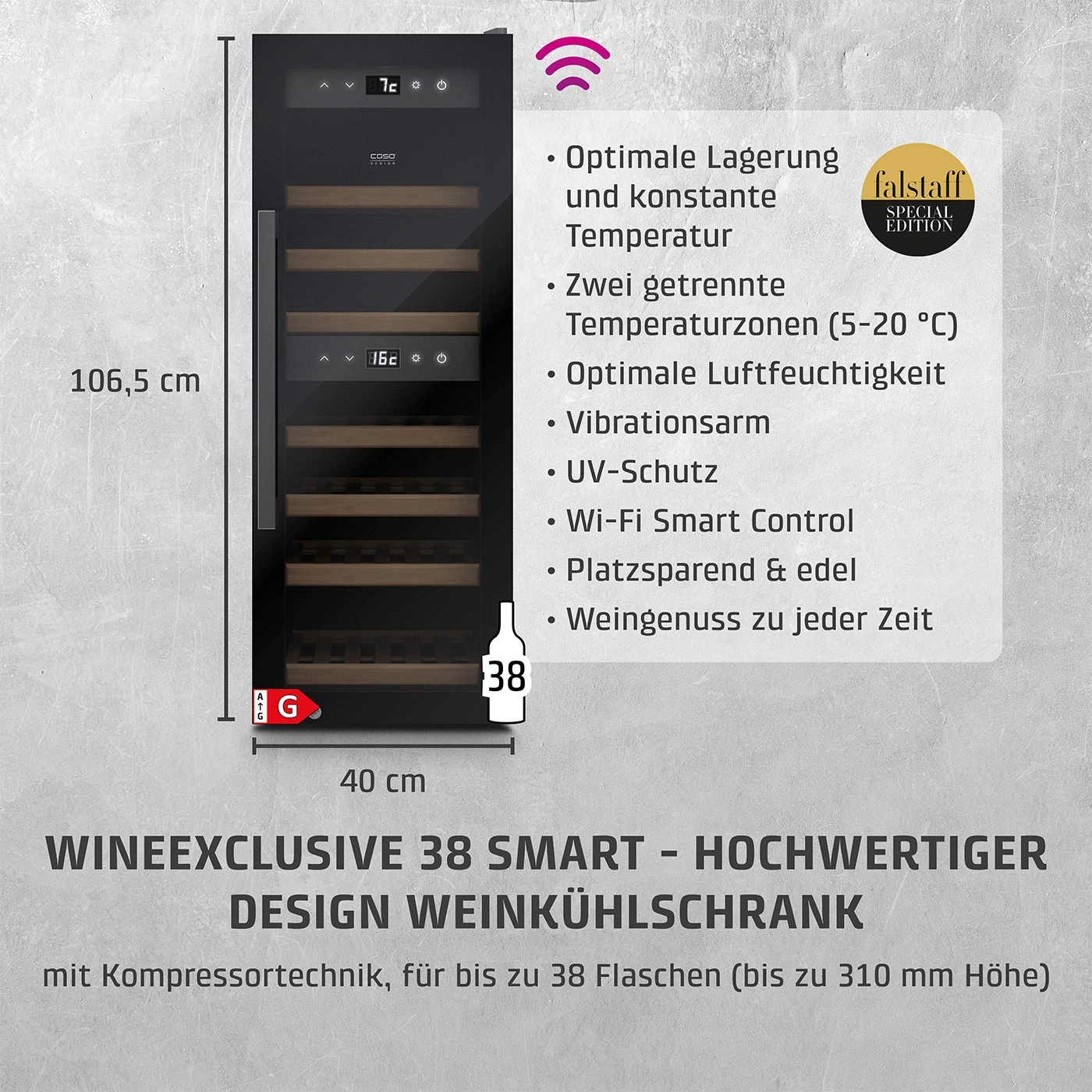 Weinkühlschrank mit 38 Flaschen, Wi-Fi, UV-Schutz, 106,5 cm hoch, 40 cm breit.