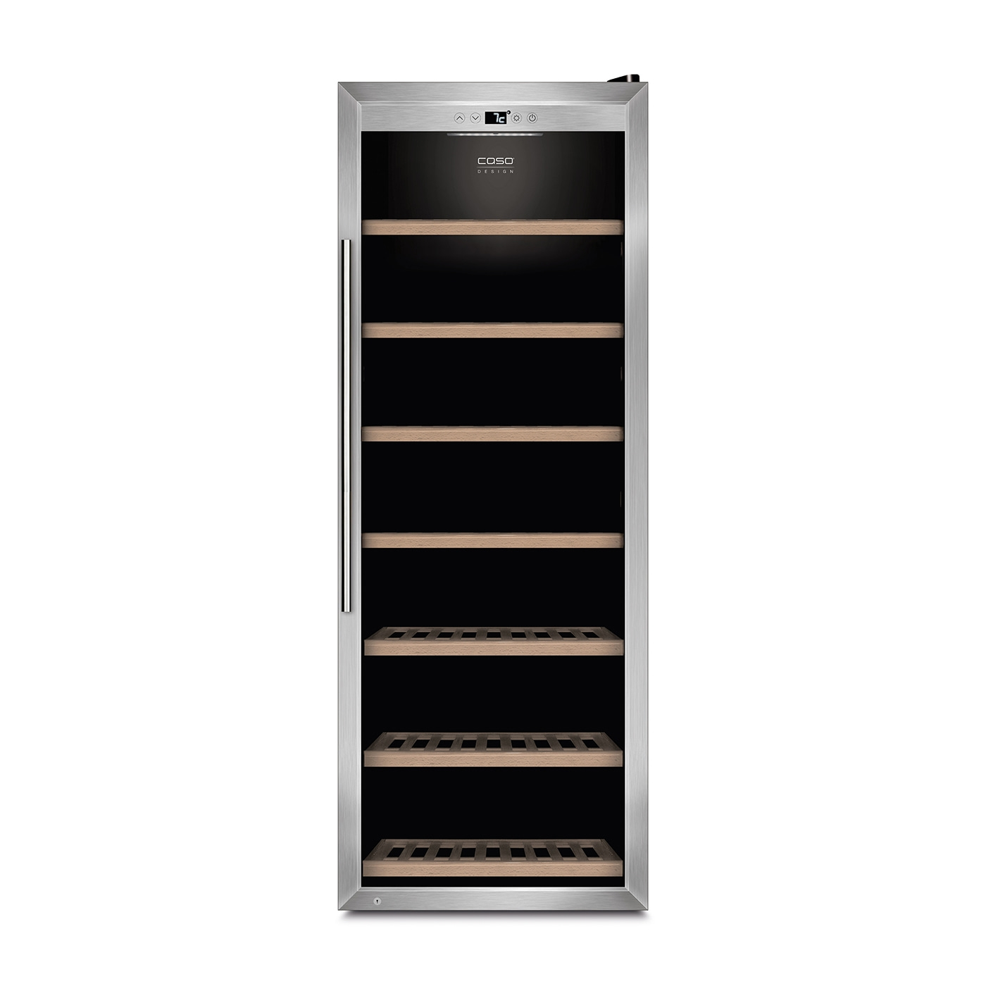 Wine cooler with wooden shelves and digital display, stainless steel frame