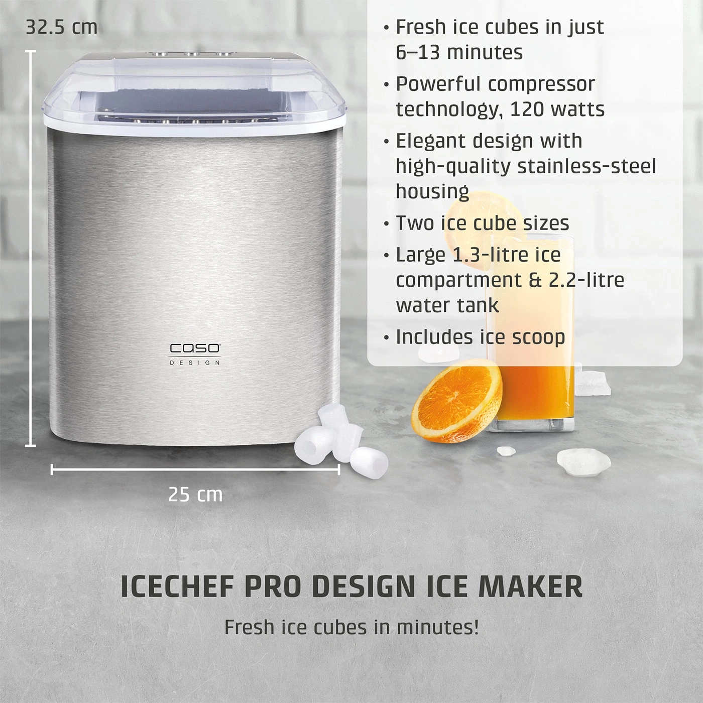 Ice maker with stainless steel housing and glass of juice