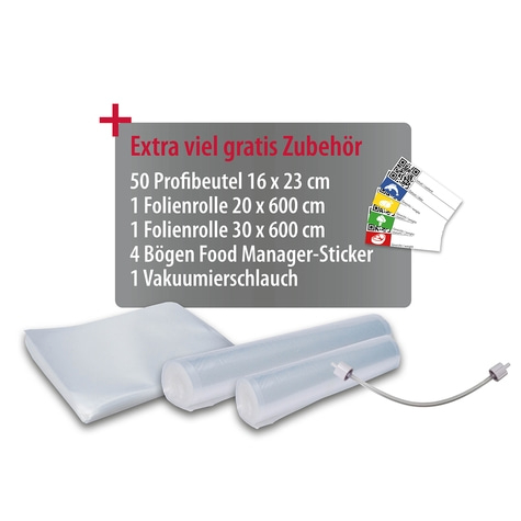Zubehör-Set mit Folienrollen, Beuteln und Vakuumierschlauch für Lebensmittel.