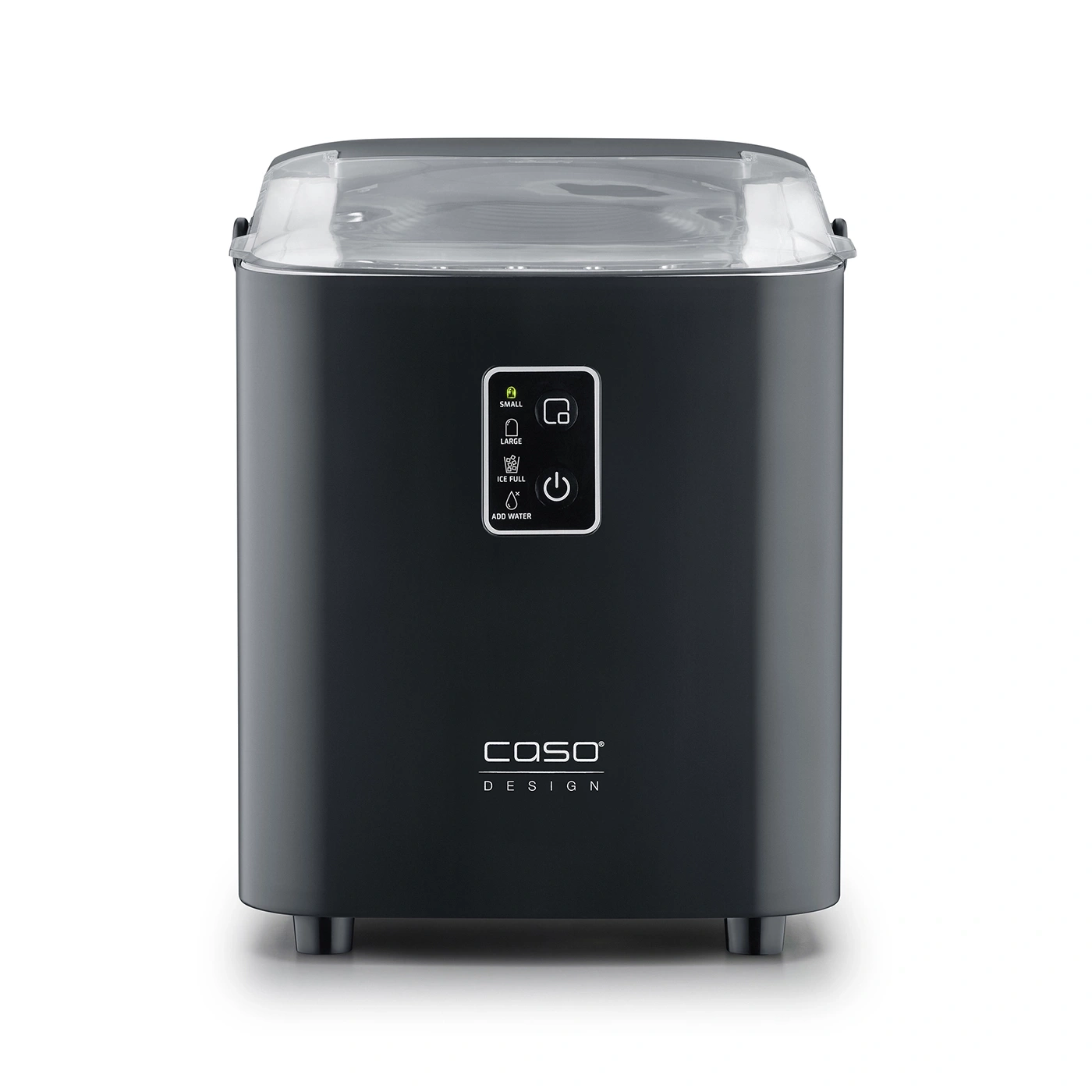 Black ice maker with control panel and Caso logo on a white background.
