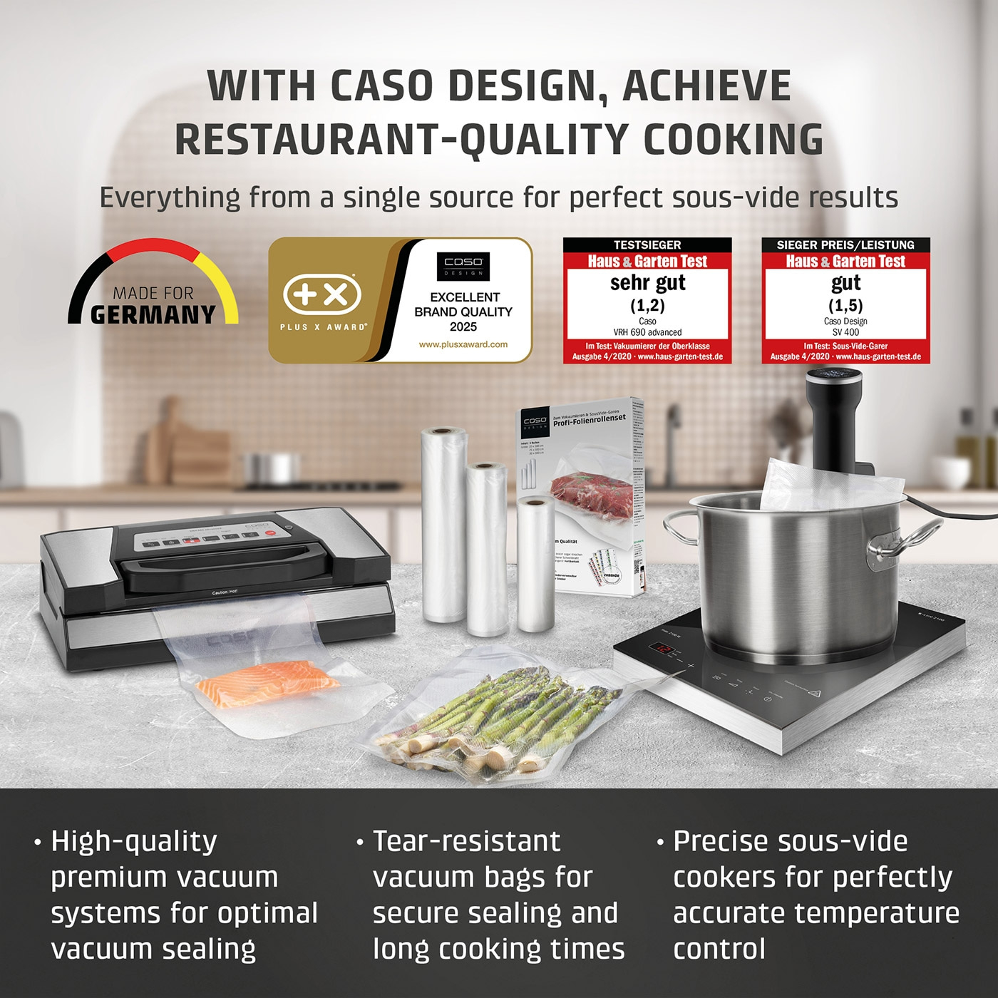 Vacuum sealer, Sous Vide cooker, and accessories for perfect cooking results.