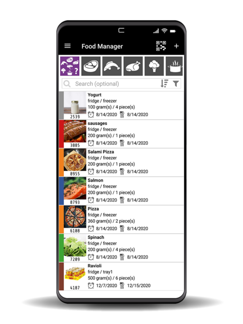 Food manager app displaying various food items with their details and dates.