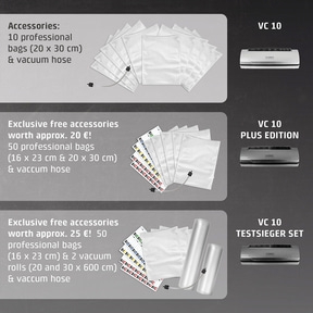 Vacuum sealer accessory sets: VC 10, Plus Edition, Testsieger Set with bags and tubes