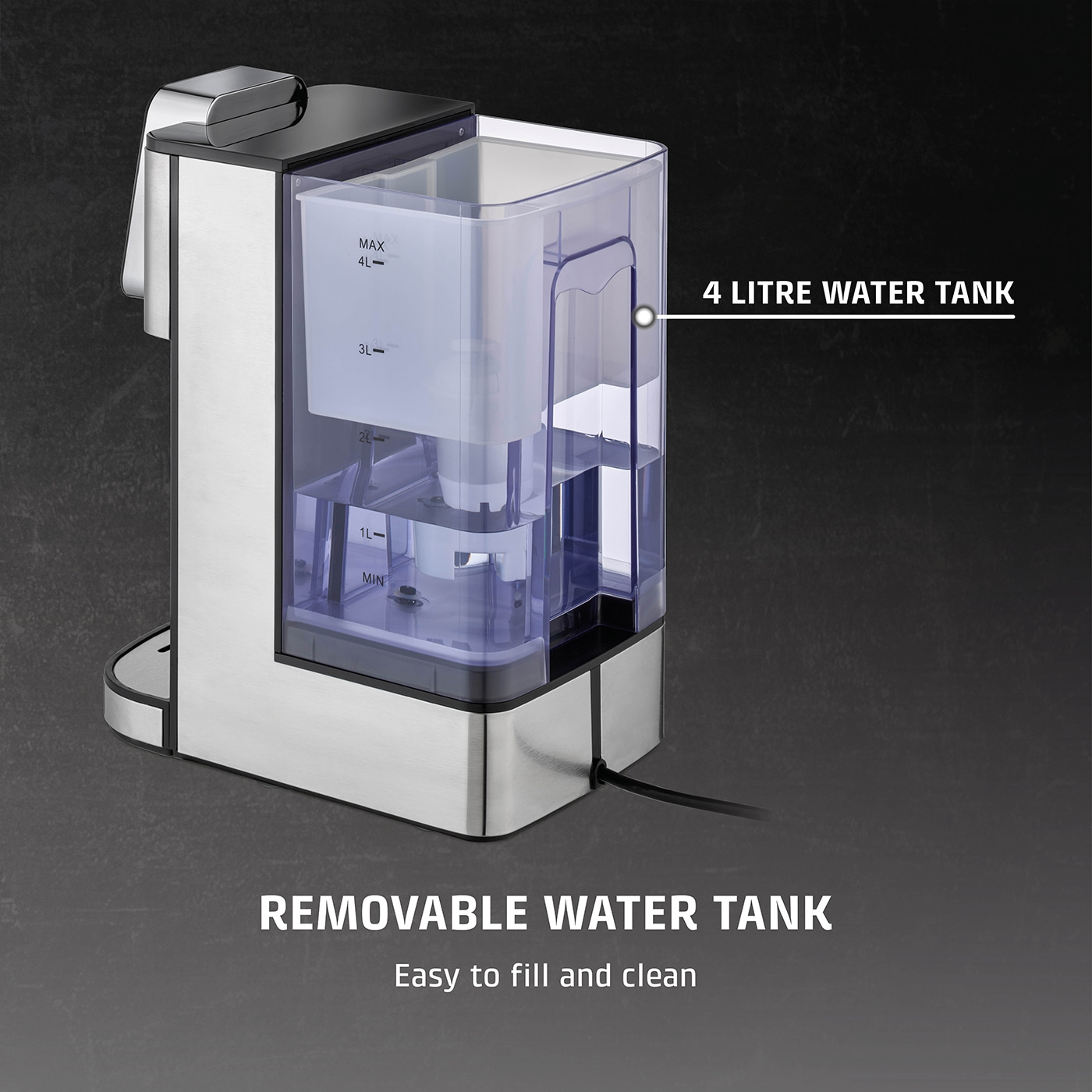 Coffee machine with removable water tank, 4 liters, easy to fill and clean.