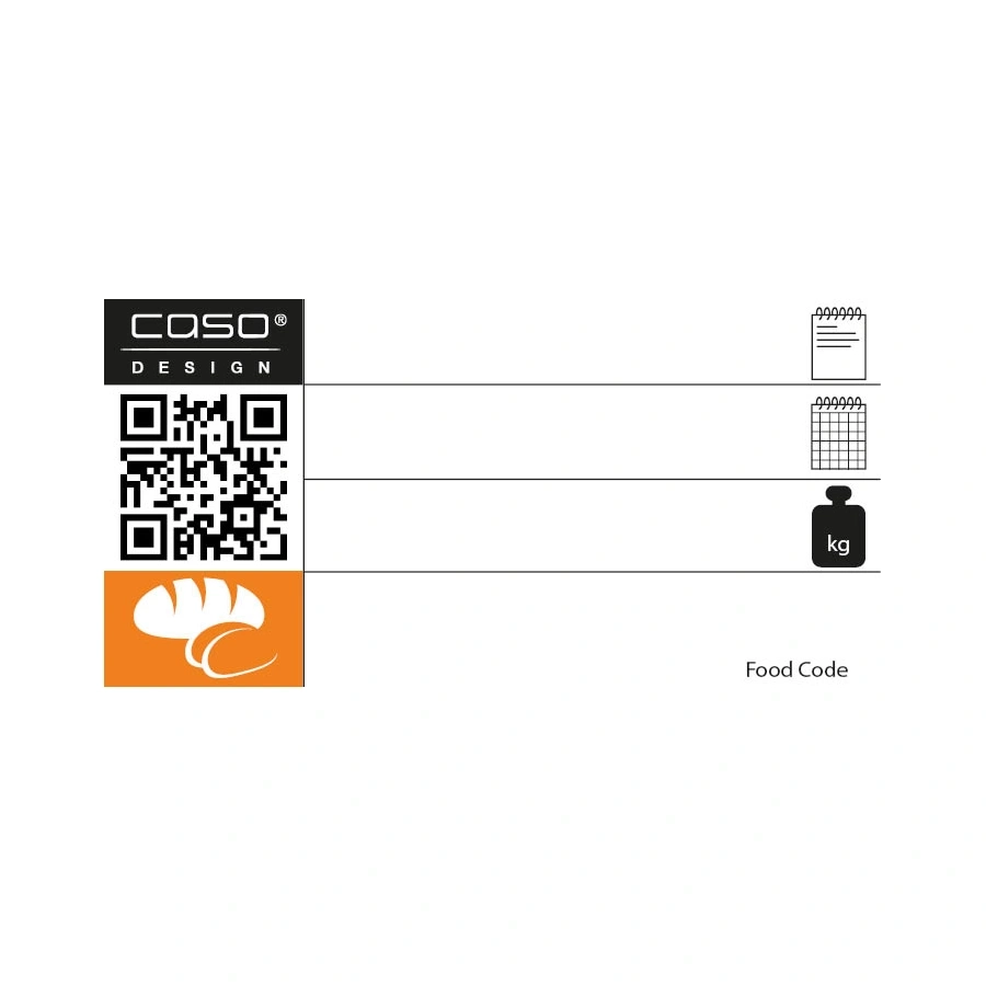 CASO Design Logo, QR-Code, Brot-Symbol, Food Code, kg-Gewicht, Produktinformationen