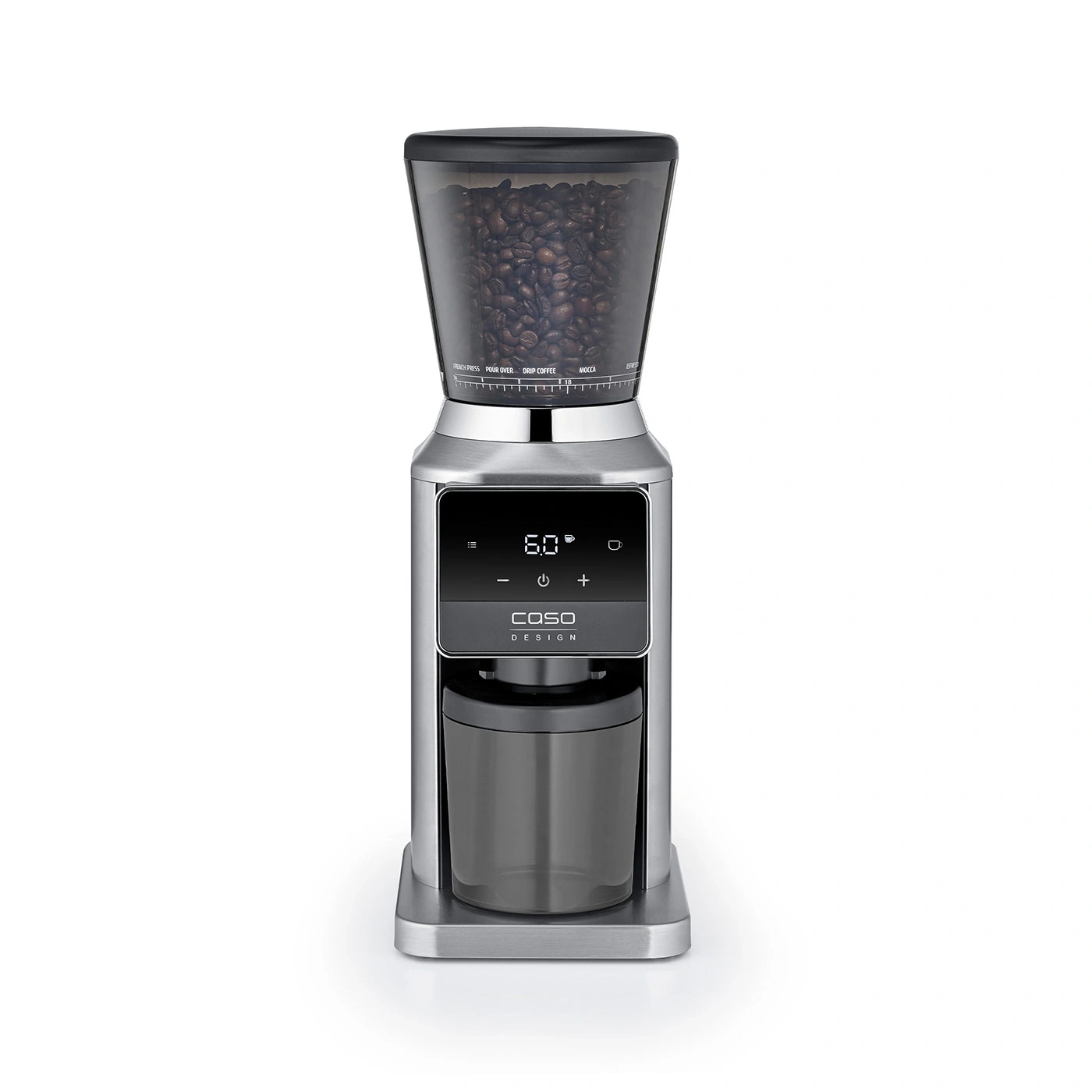 Eine silberne Kaffeemühle mit digitaler Anzeige und Bohnenbehälter.