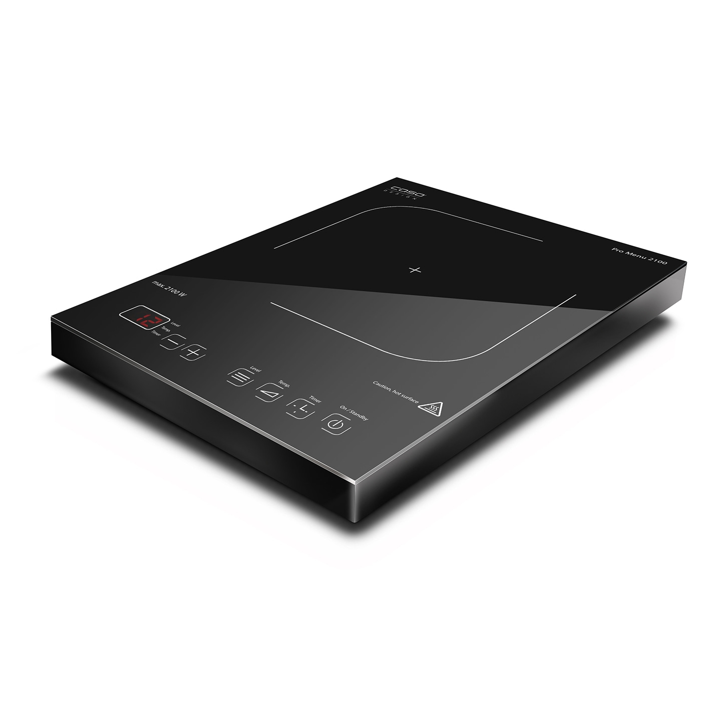 Black induction cooktop with control panel and hot surface warning label.