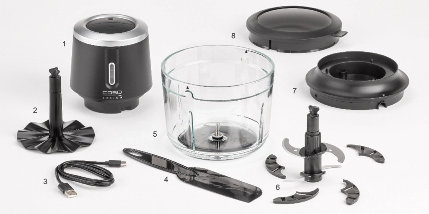 Food processor with accessories: motor, container, lid, blades, spatula, USB cable.