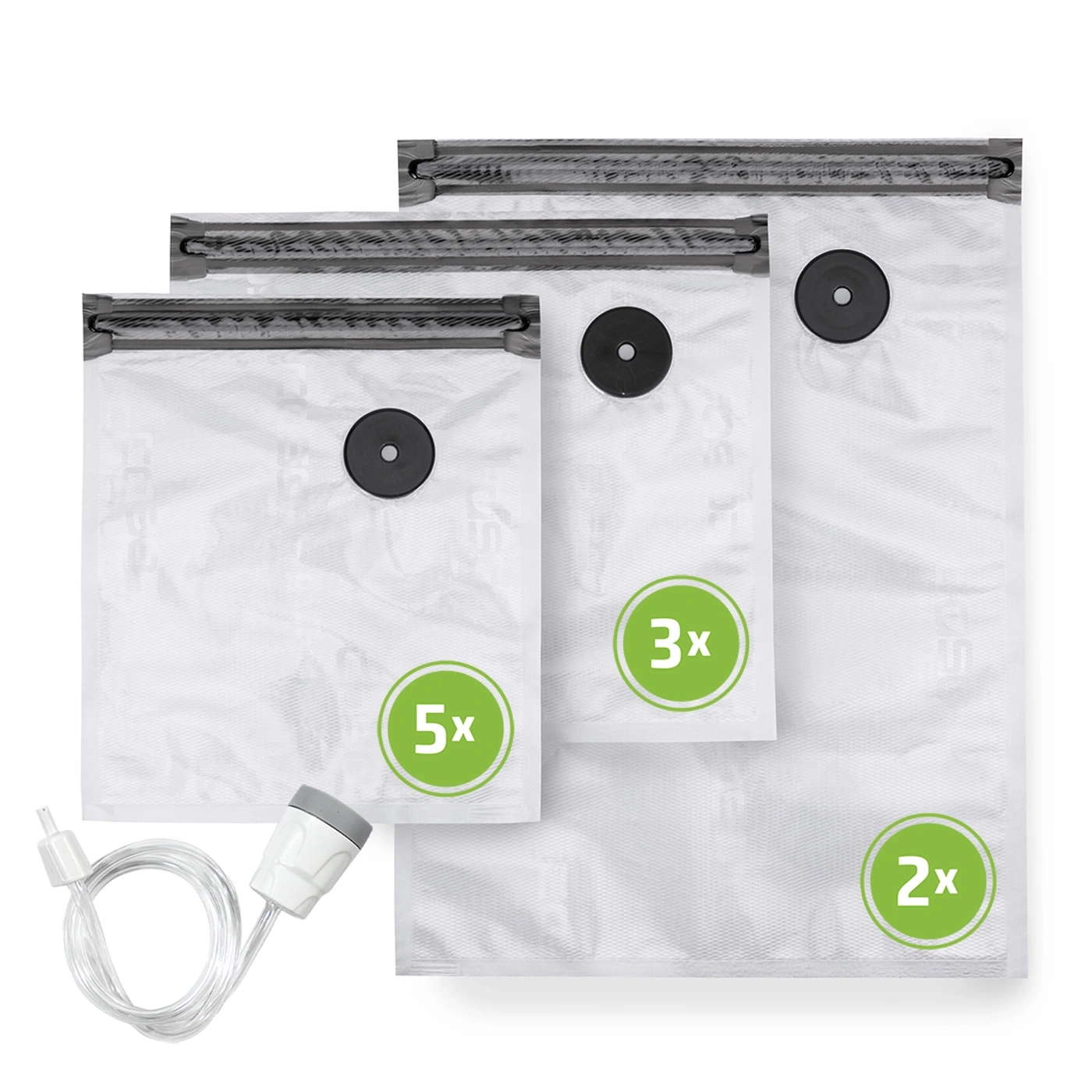 Vacuum storage bags set with pump, 3 sizes, 5x, 3x, 2x, white, grey, green
