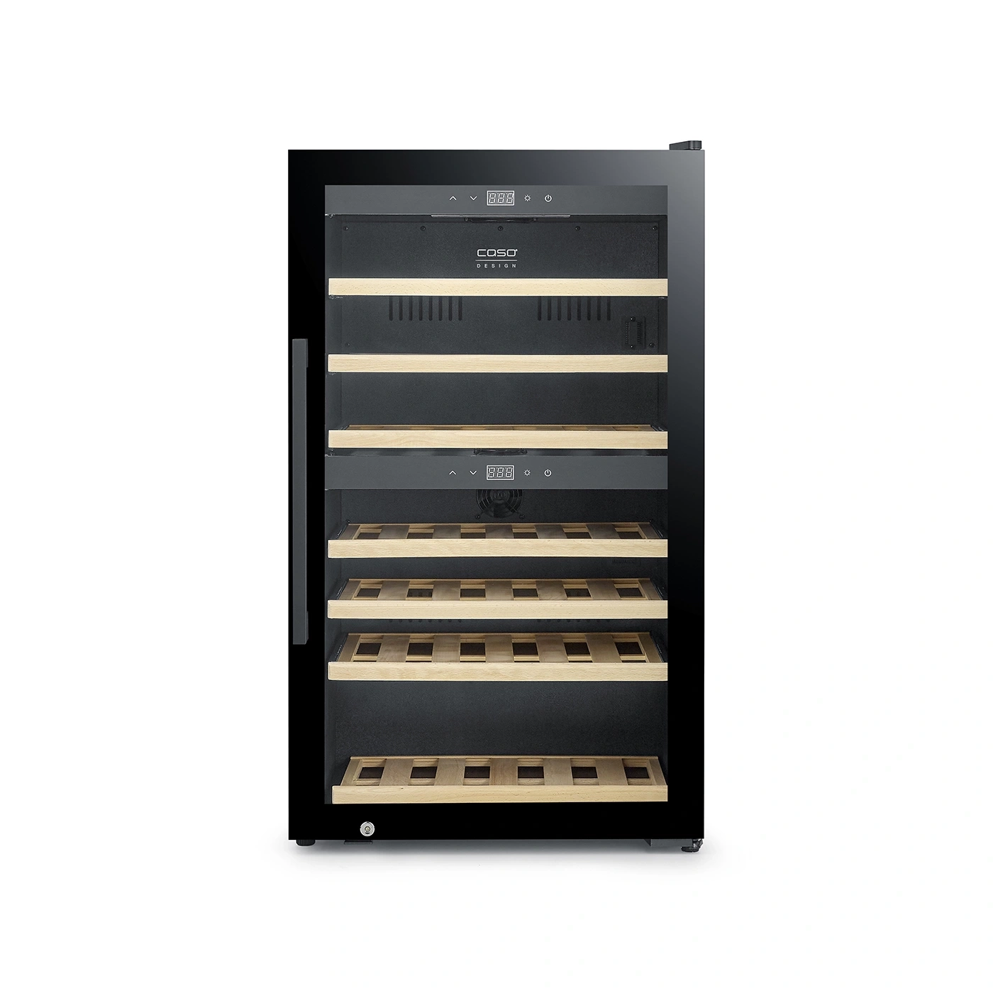 Ein moderner schwarzer Weinkühlschrank mit Holzböden und digitaler Anzeige.