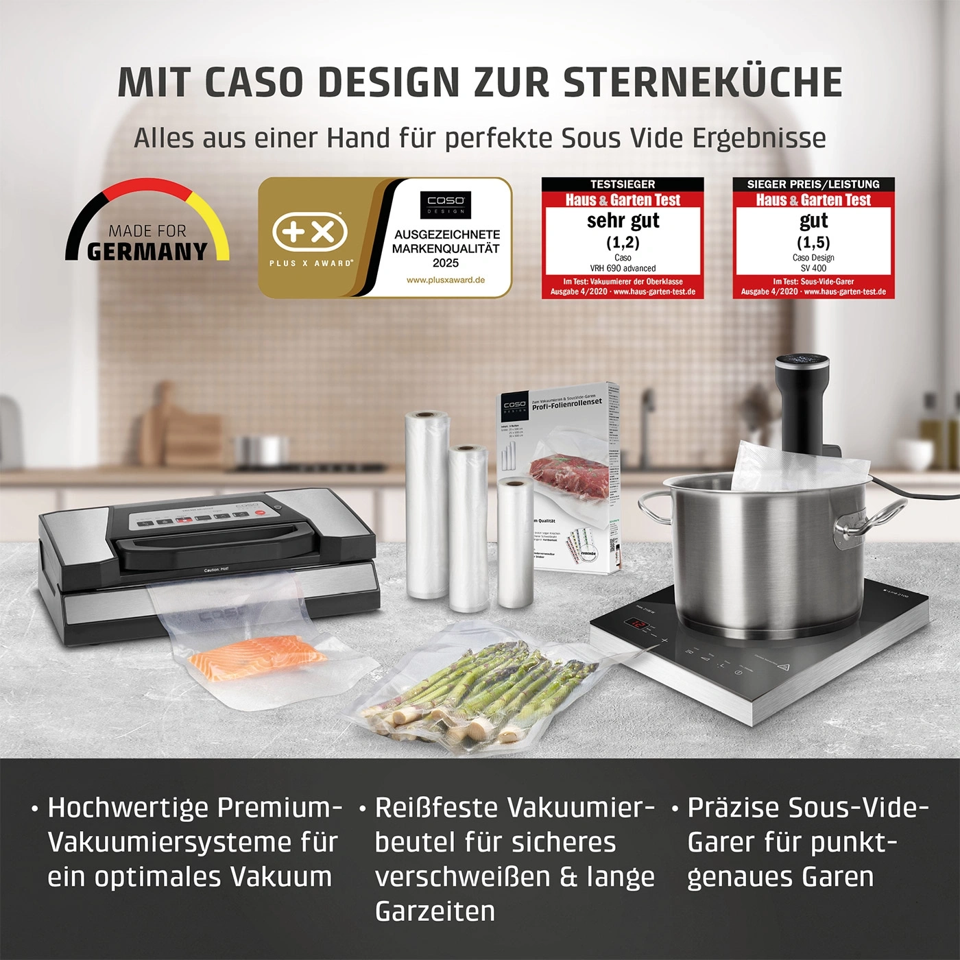 Vakuumierer, Sous-Vide-Garer und Zubehör für perfekte Kochergebnisse.