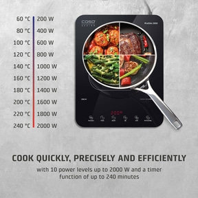 Induction cooktop with temperature display and cooking functions, 2000W, timer, cook fast and efficiently.