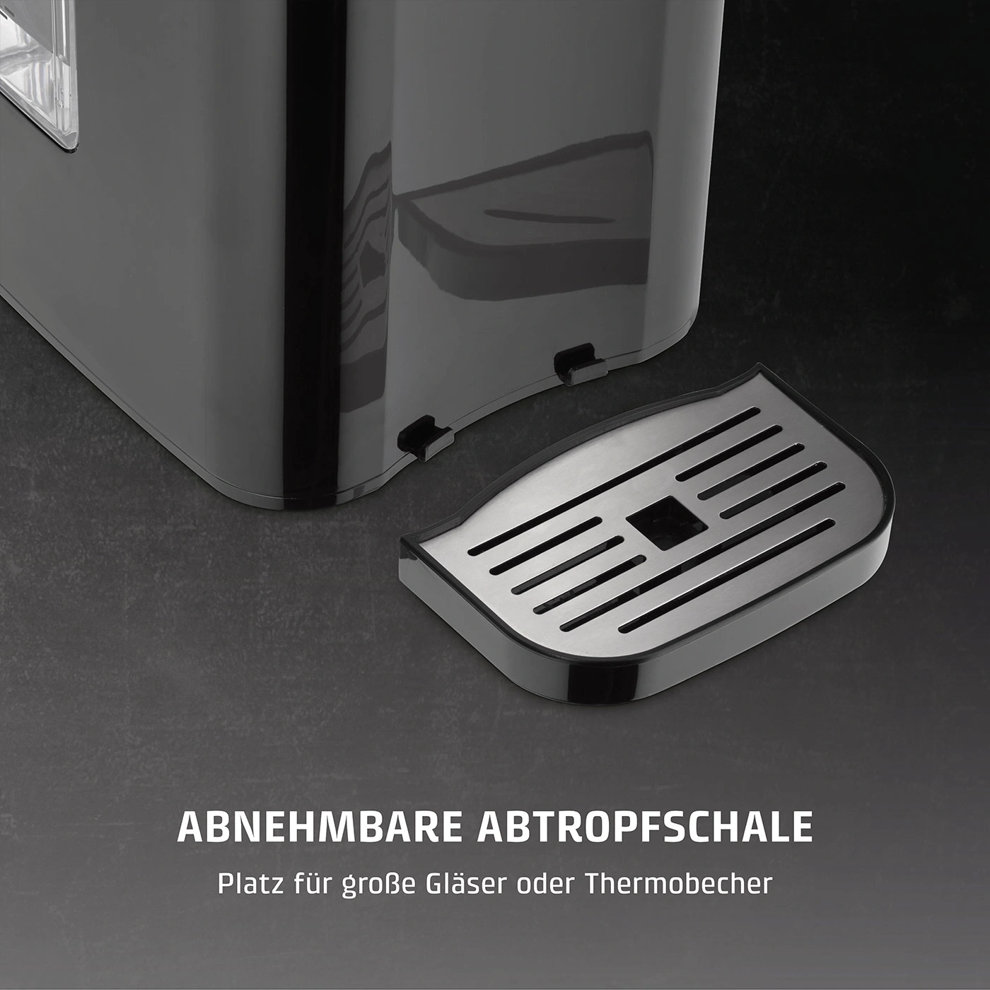 Abnehmbare Abtropfschale, Platz für Gläser oder Thermobecher. Schwarzes Gerät.