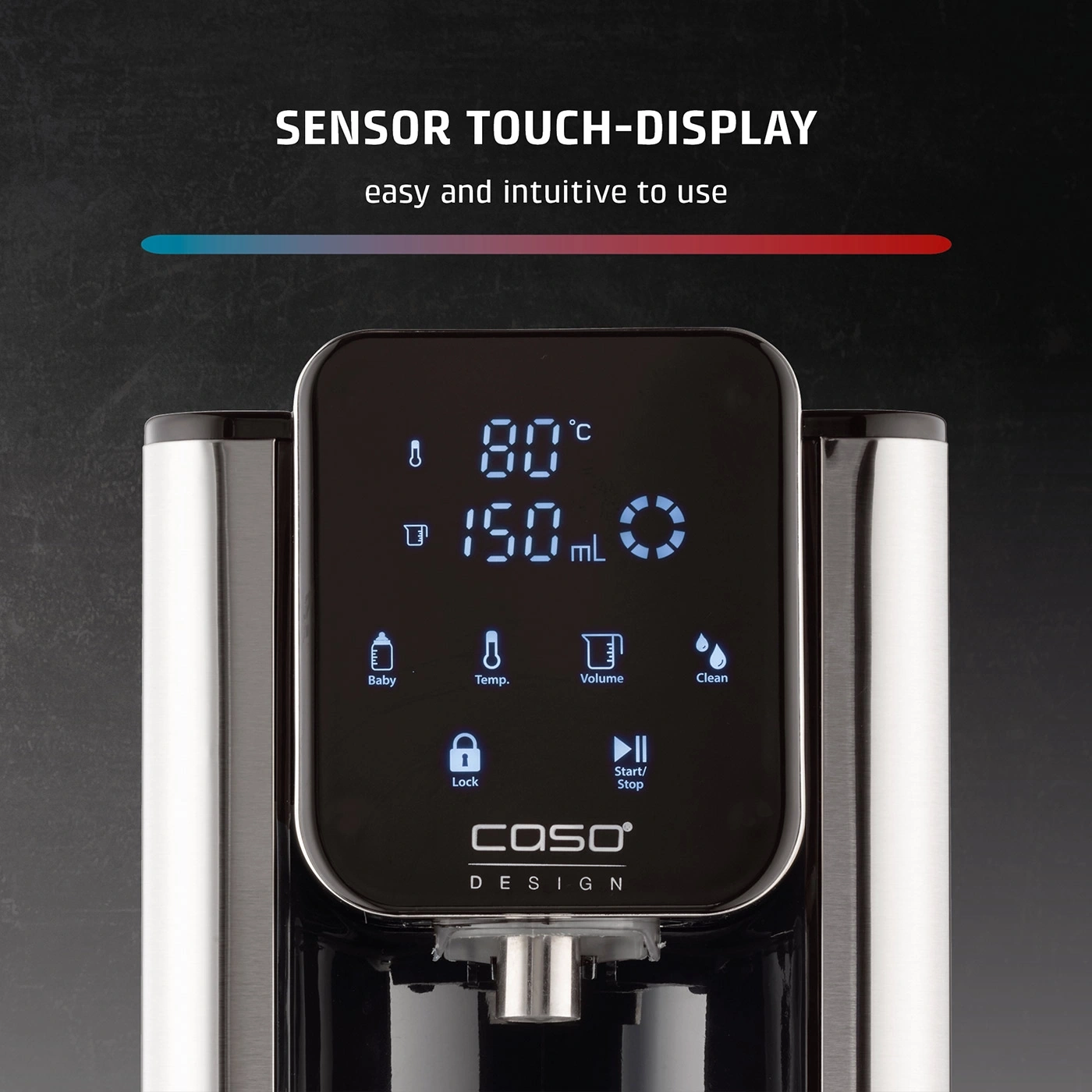 A sensor touch display with temperature and volume settings.