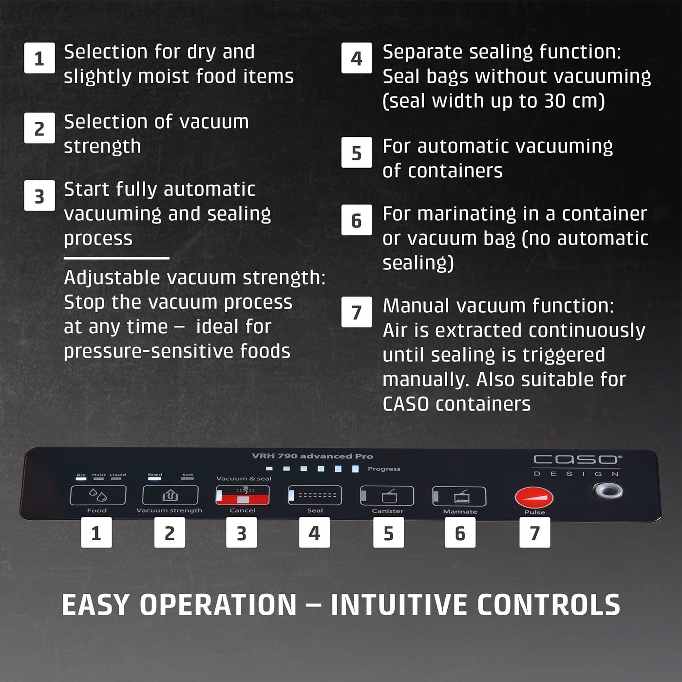 Vacuum sealer with features: dry, vacuum strength, automatic, sealing, containers, marinating, manual.