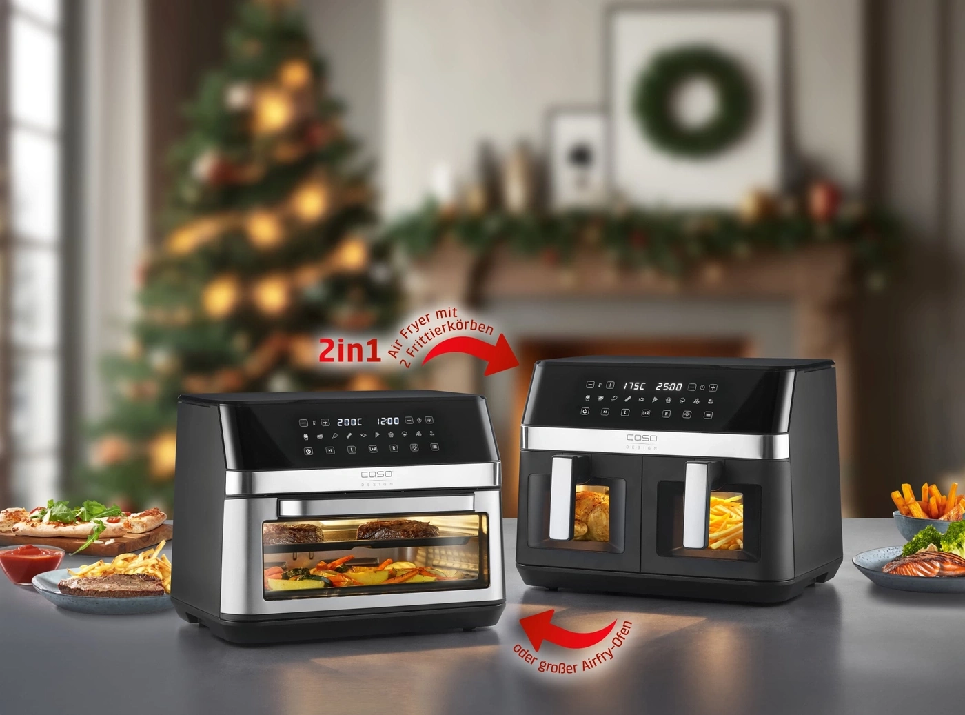 Zwei Caso Airfryer im Weihnachtsambiente, einer mit Sichtfenster, der andere mit zwei Schubladen.