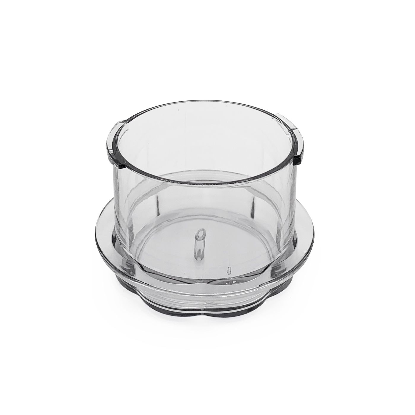 Transparent container with a round base and a pin in the middle