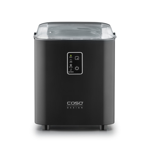 Black ice maker with transparent lid and control panel