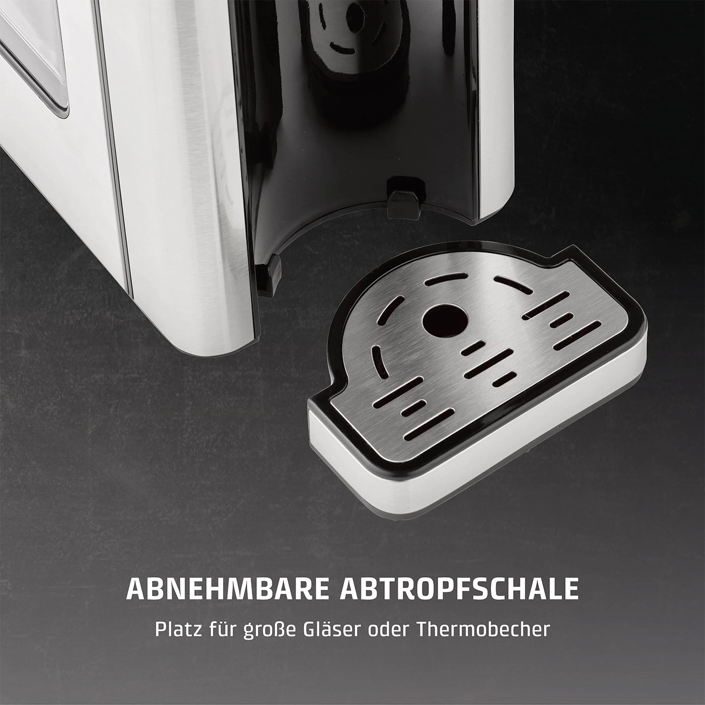 Abnehmbare Abtropfschale, Platz für Gläser und Thermobecher, Edelstahl