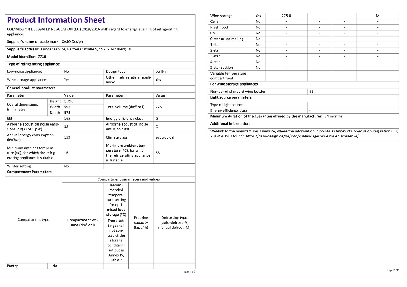 Product data sheet with technical specifications for refrigerators, energy efficiency, wine storage cabinet.