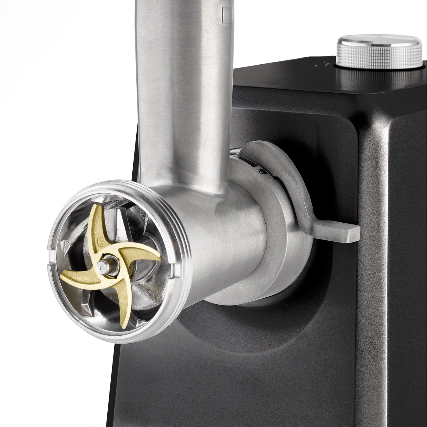 Close-up of a meat grinder machine with golden blade and black housing.