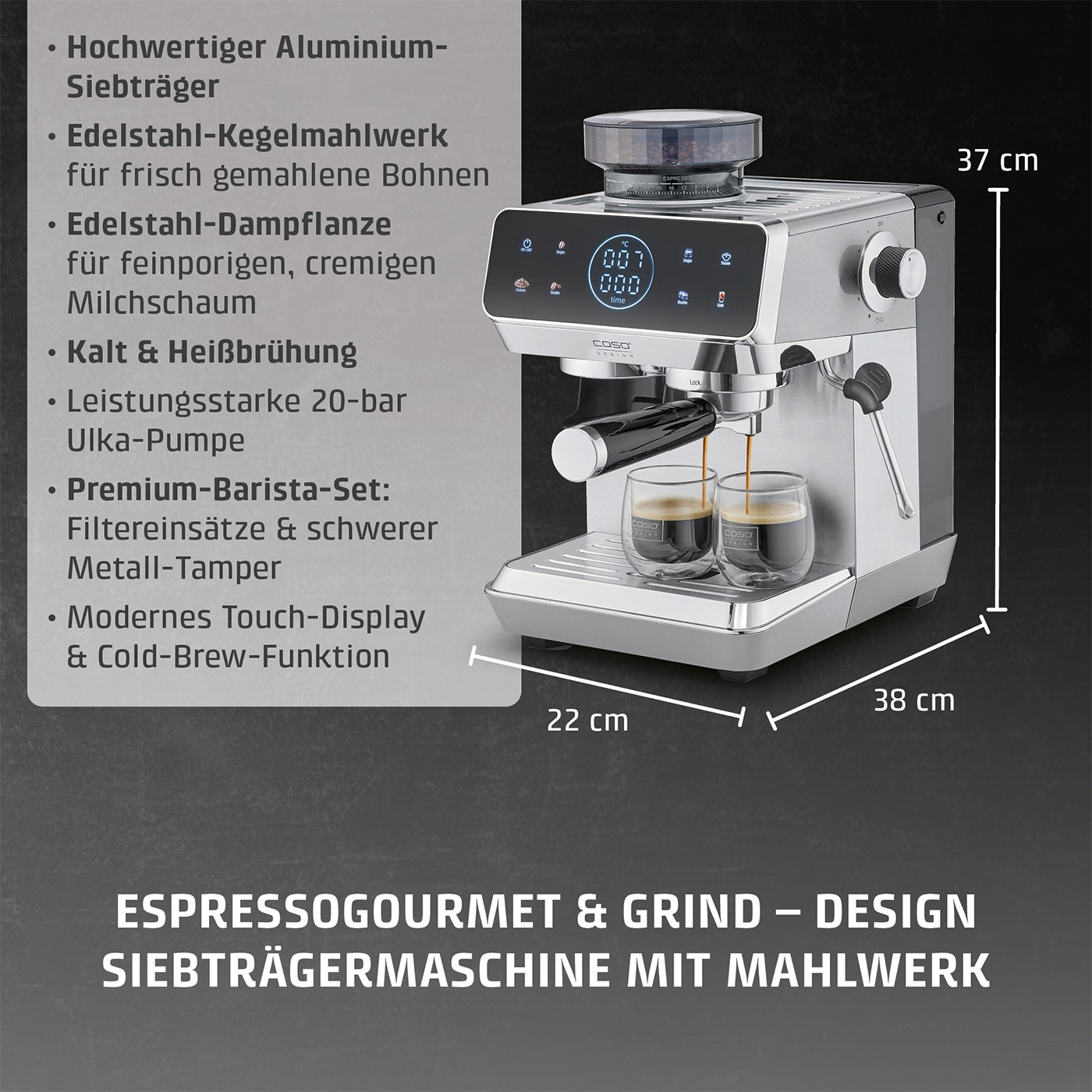 Espressomaschine mit Siebträger, Mahlwerk und Touch-Display