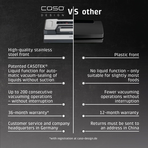 Vacuum sealer comparison: Caso vs. Others, stainless steel front, plastic front, warranty.