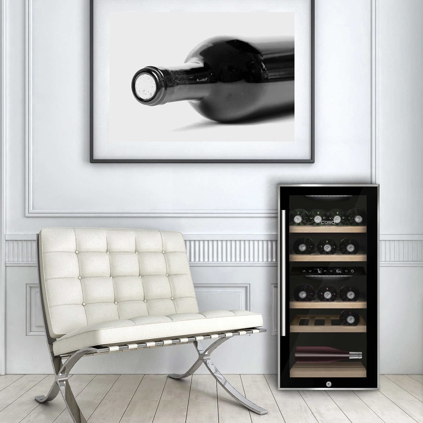 White chair, wine cooler, picture of wine bottle, bright setting, modern