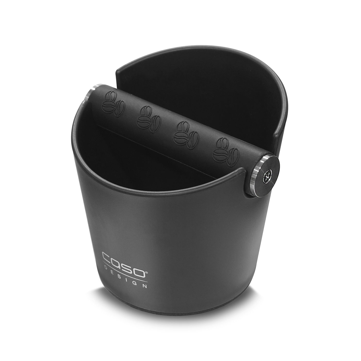 Black coffee knock box with coffee bean design and Caso logo.