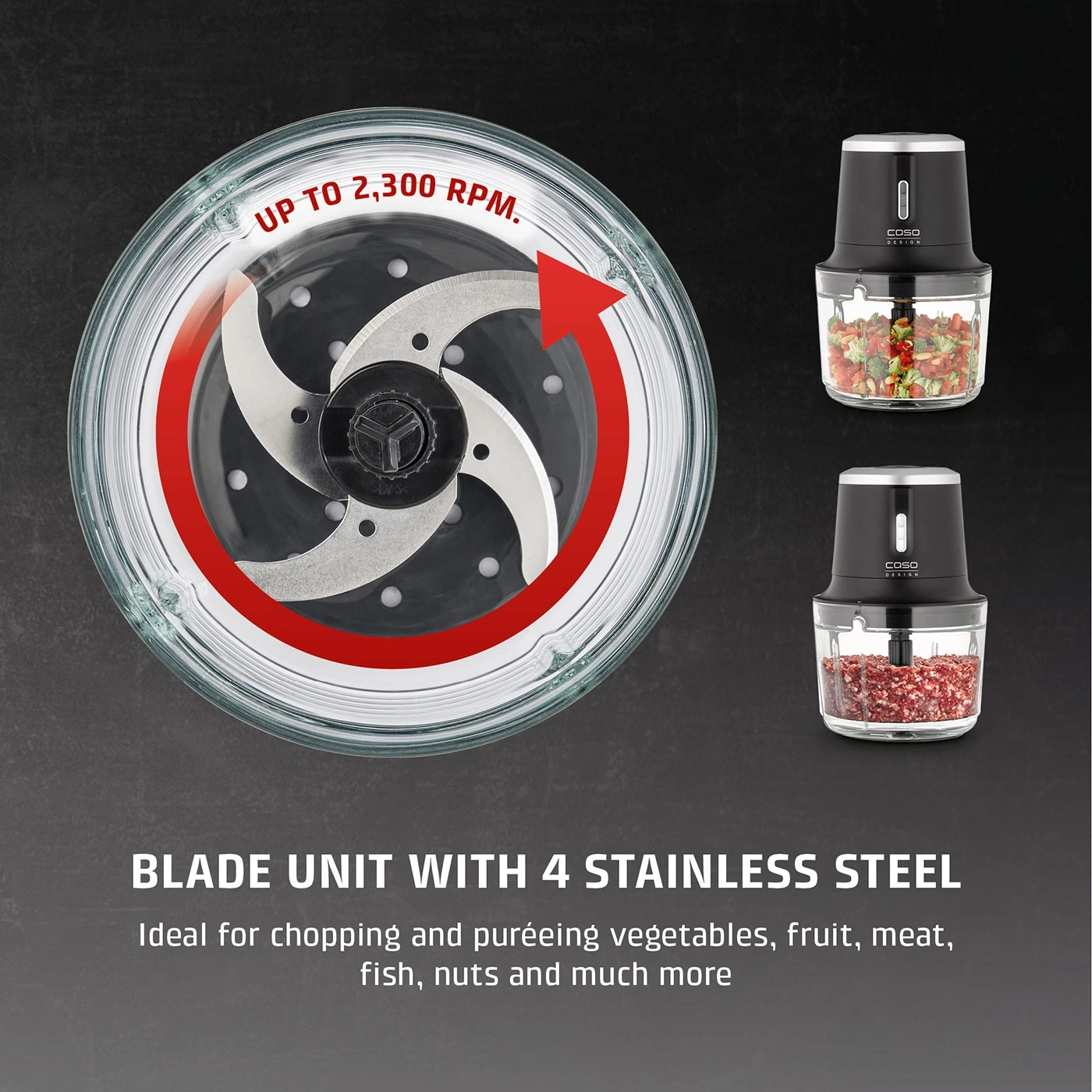 A kitchen chopper with 4 stainless steel blades, reaching up to 2,300 RPM.