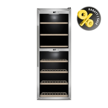 Weinkühlschrank mit Rabatt- und Sale-Zeichen, Edelstahl-Design, Caso-Marke, Temperaturanzeige
