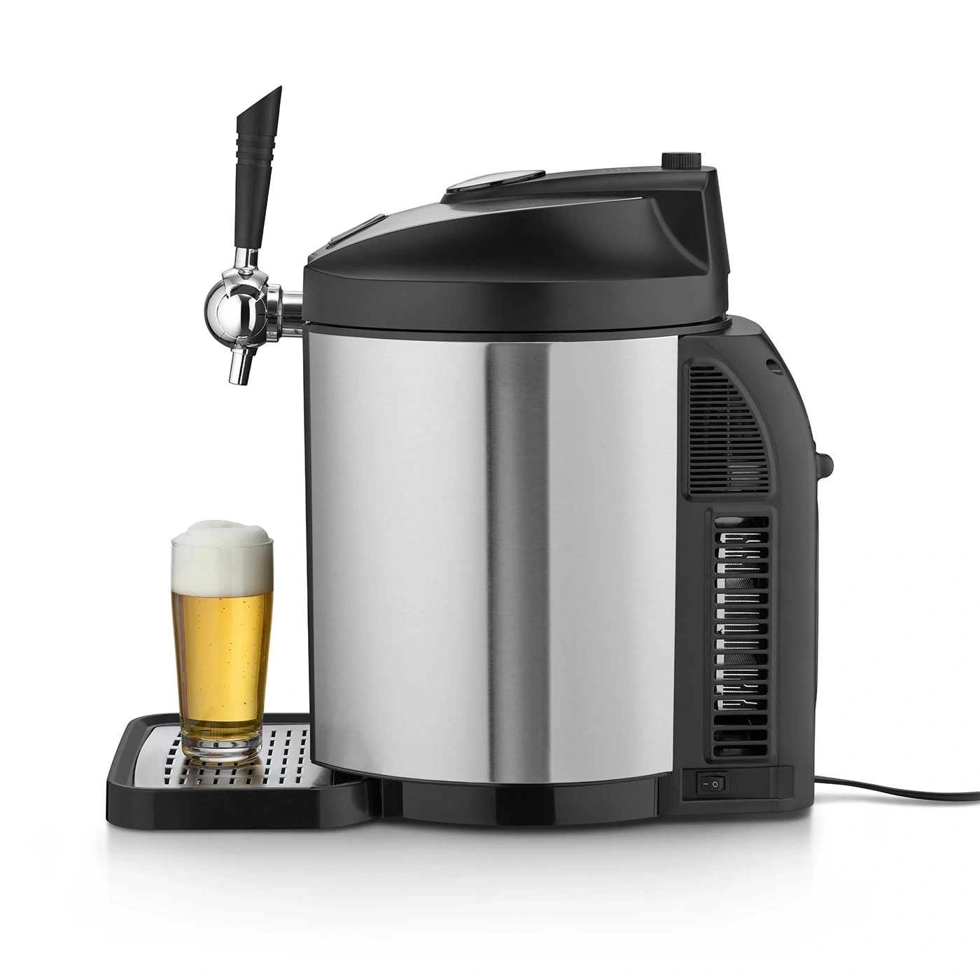 Beer cooler with tap and a glass of beer on a tray