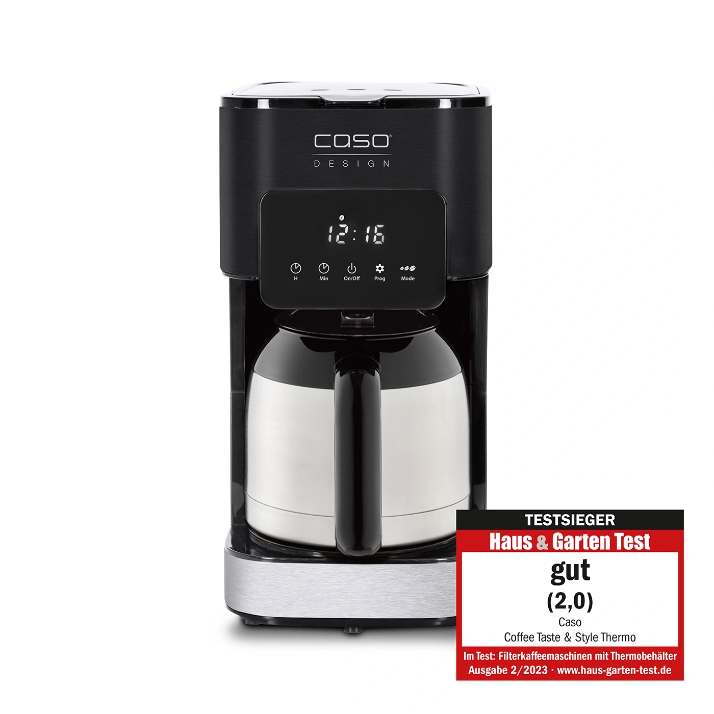 Kaffeemaschine mit digitaler Anzeige und Bewertung 'gut' von Haus & Garten Test.