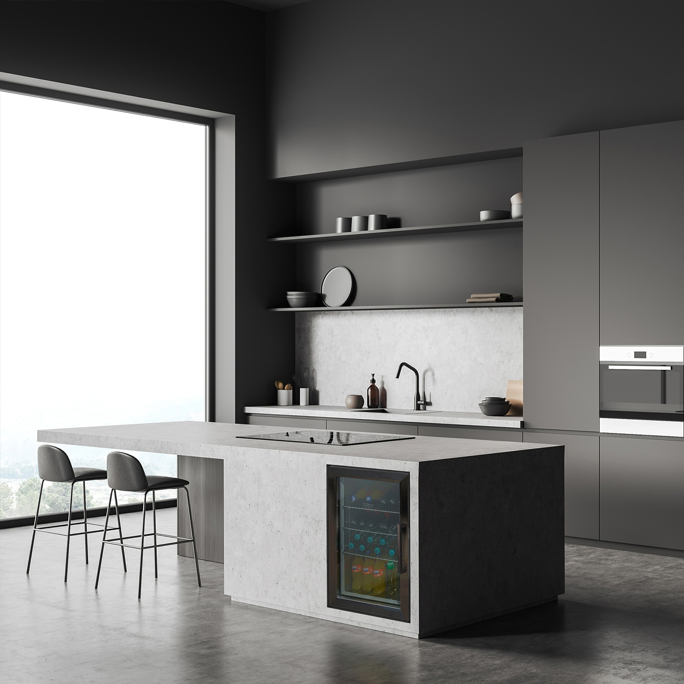 Moderne Küche mit Barhockern, Kühlschrank und Fenster mit Aussicht.