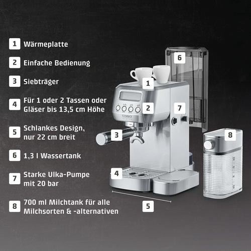 Espressomaschine mit Funktionen: Wärmeplatte, einfache Bedienung, Siebträger, Milchtank.