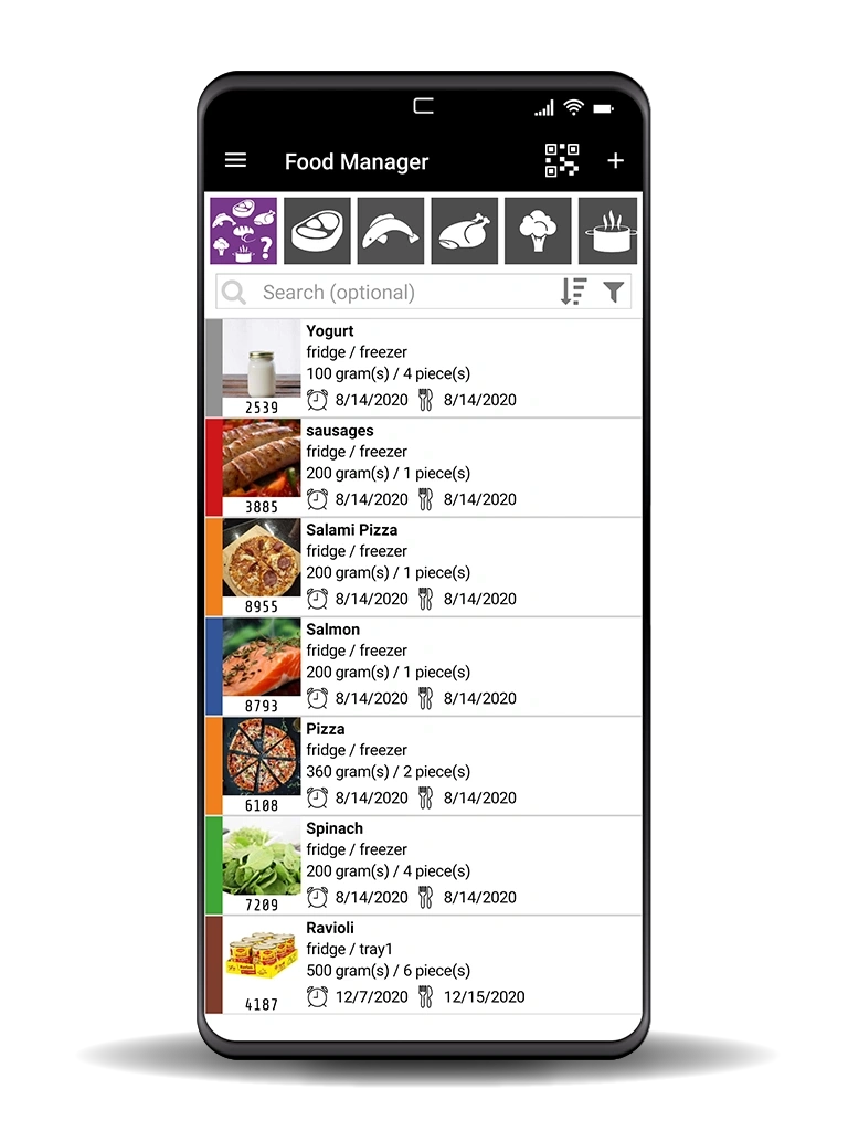 Food manager app displaying various food items with their details and dates.