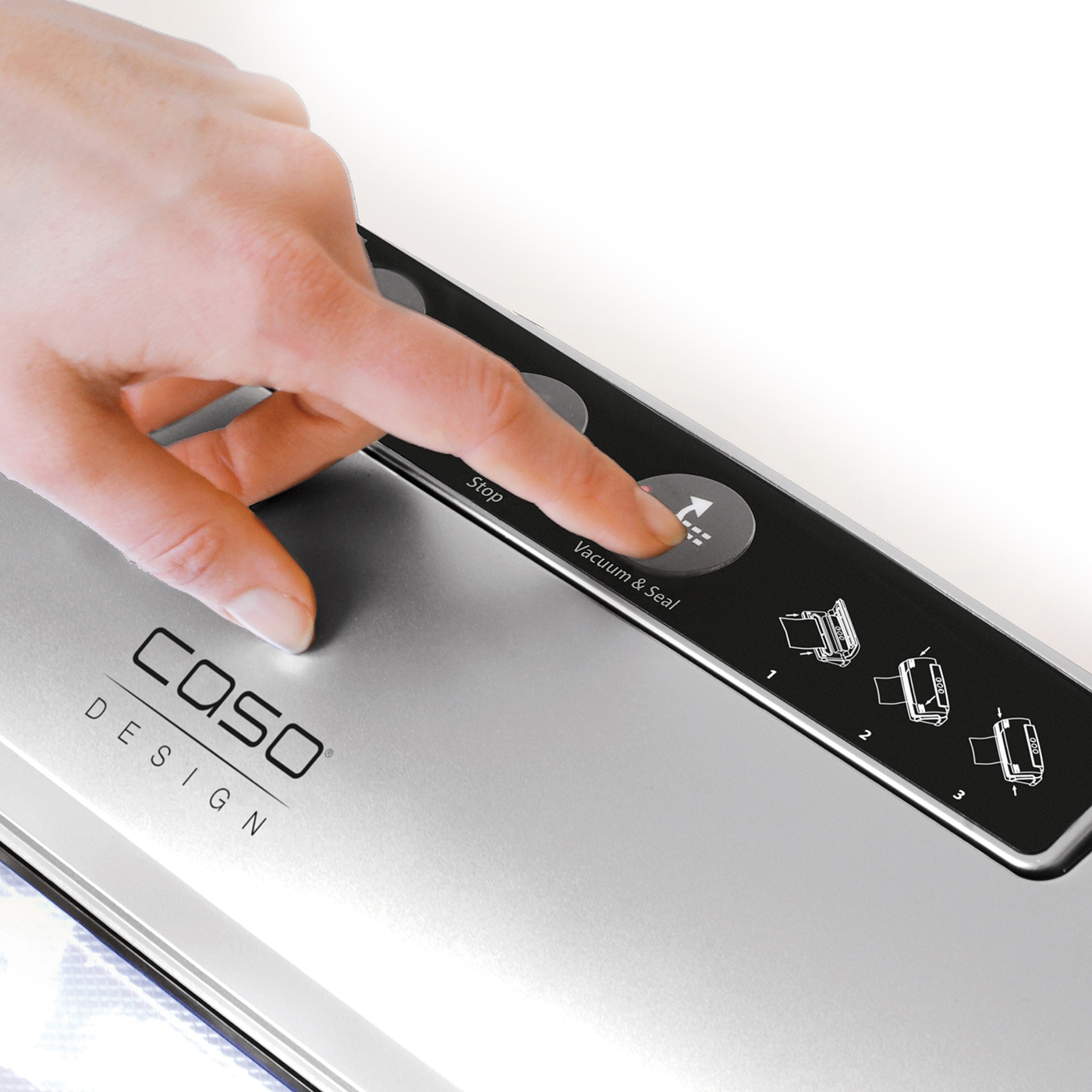Hand presses vacuum & seal button on silver device with logo design