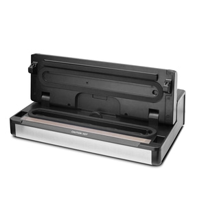 Vacuum sealer, open, with silver base and black lid, isolated on white background