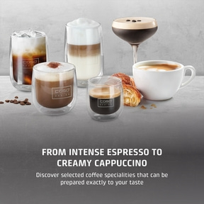Various coffee specialties in glasses and a cup on a gray background.