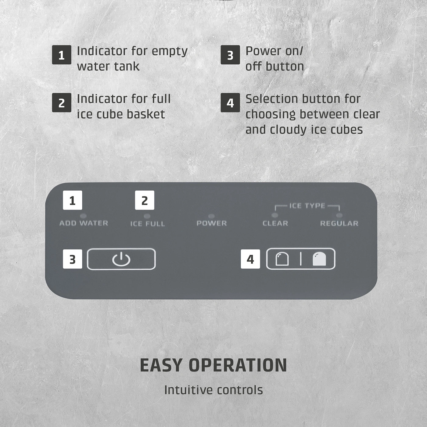 Instruction manual for an ice maker with numbered functions.