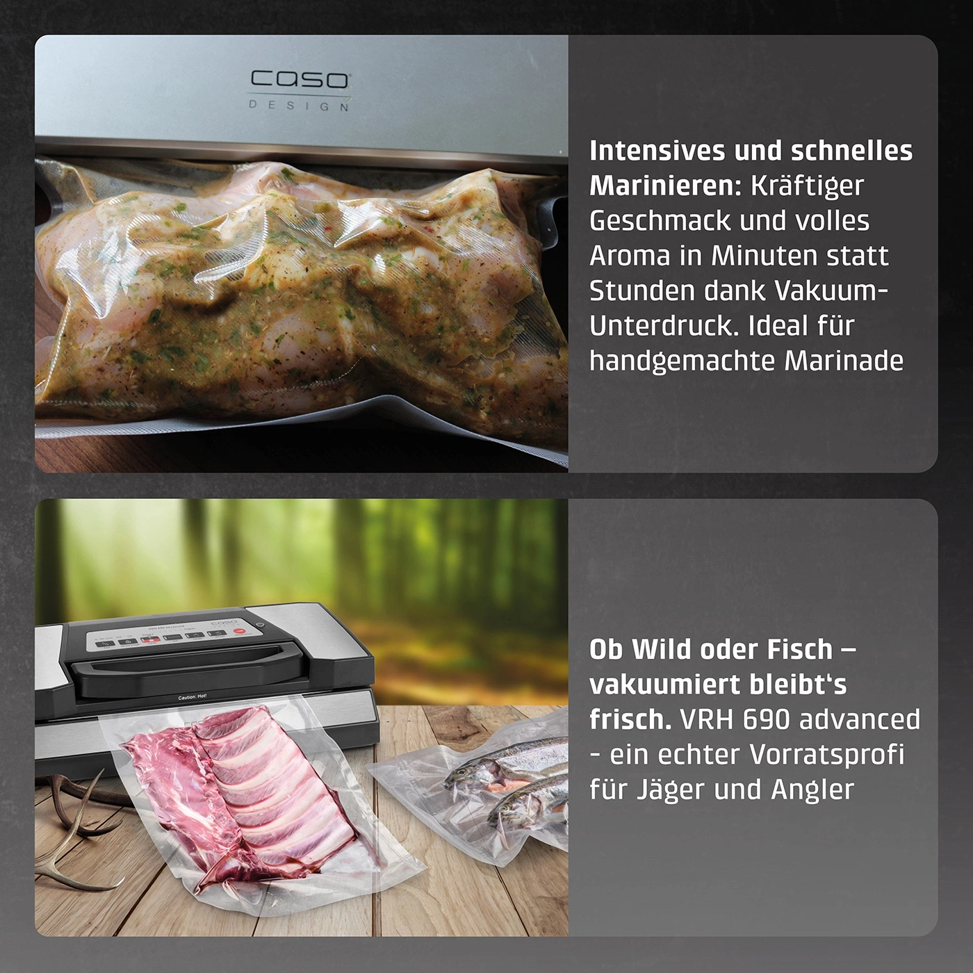 Caso vacuum sealer with meat and fish, marinating, storage expert for hunters and anglers