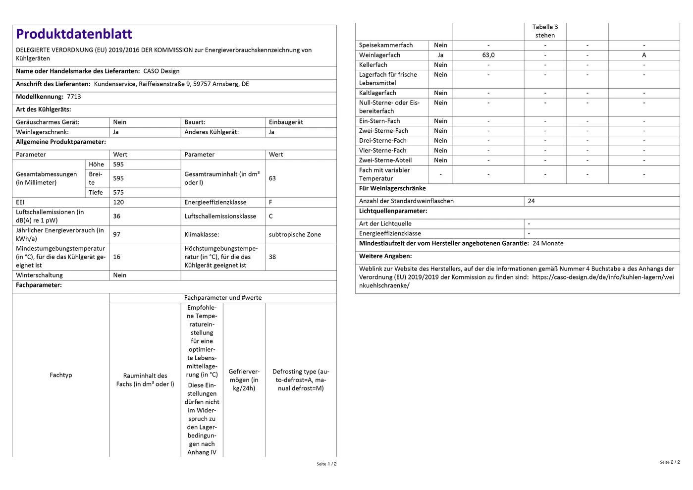 Produktdatenblatt Kühlschrank CASO Design, Energieeffizienzklasse F, Weinlagerfach, 63 Liter
