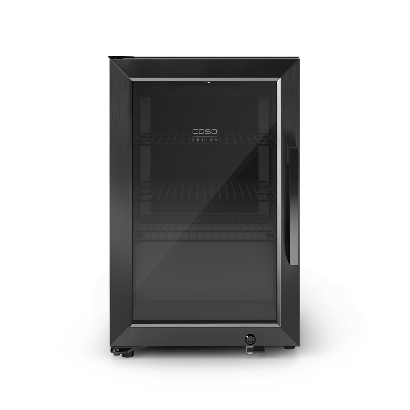 Black refrigerator with glass front, Caso Design, isolated on white background